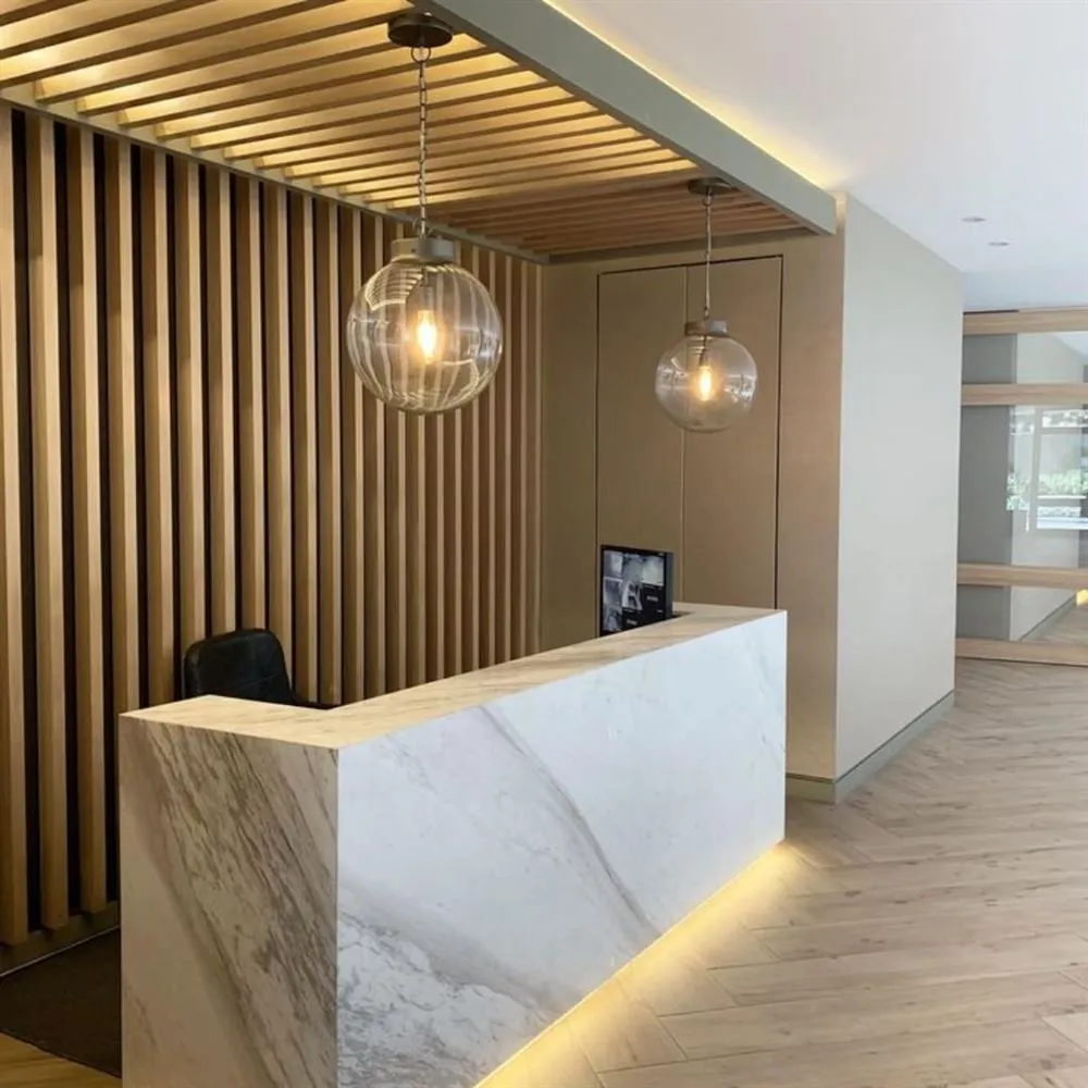 Recepción corporativa con paneles de madera fileteada, línea comercial