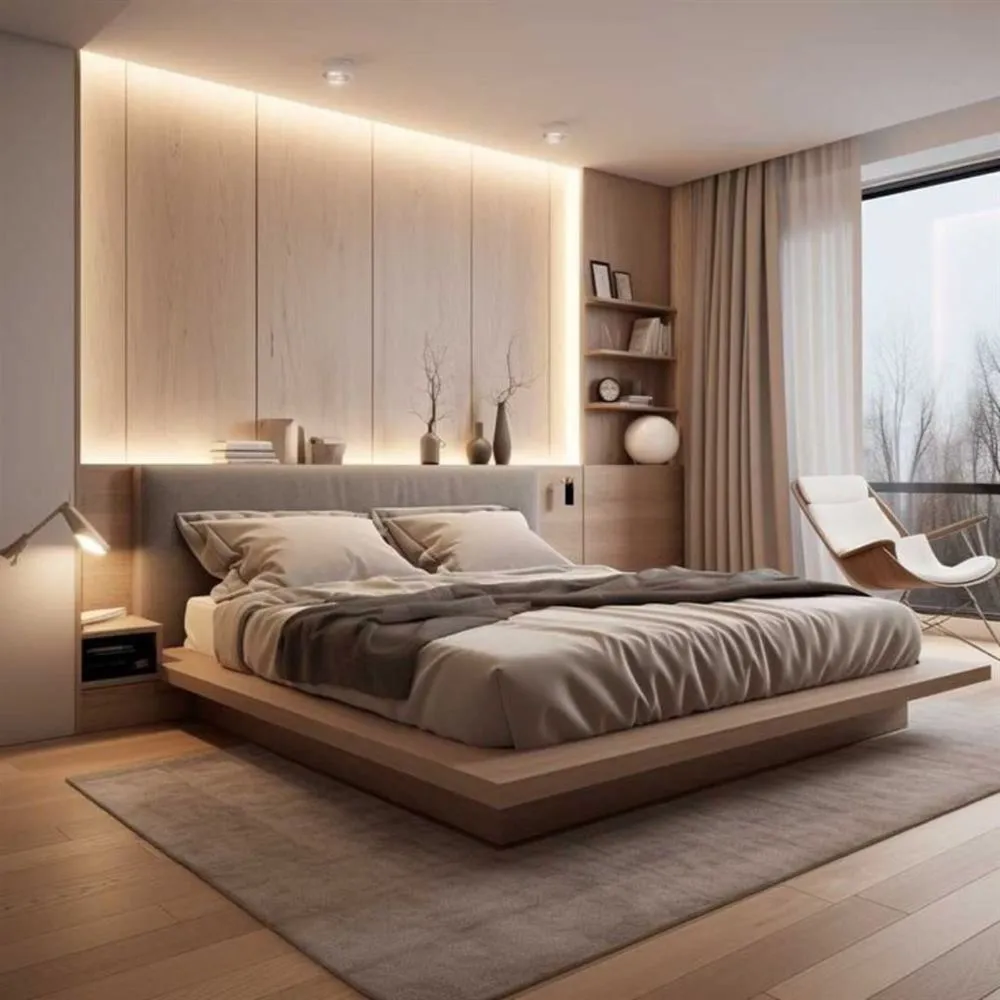 Dormitorio con placard a medida y panelería iluminada
